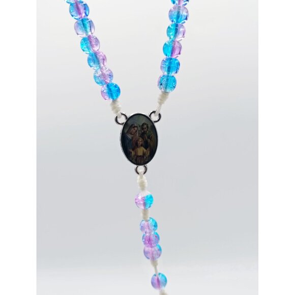 Child Rosary Necklace Blue Pink Beads Metal Cross Holy Family Picture Catholic - Picture 10 of 11